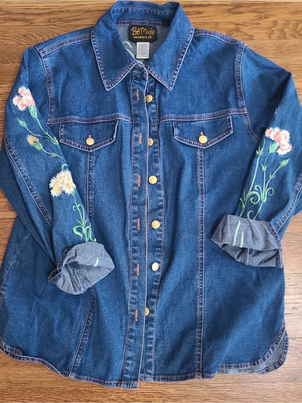 Bob Mackie wearable art S embroidered denim shirt floral boho cottage